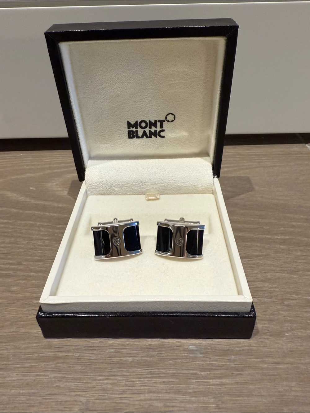 Montblanc Silver and Black Rectangular Cufflinks with Emblem